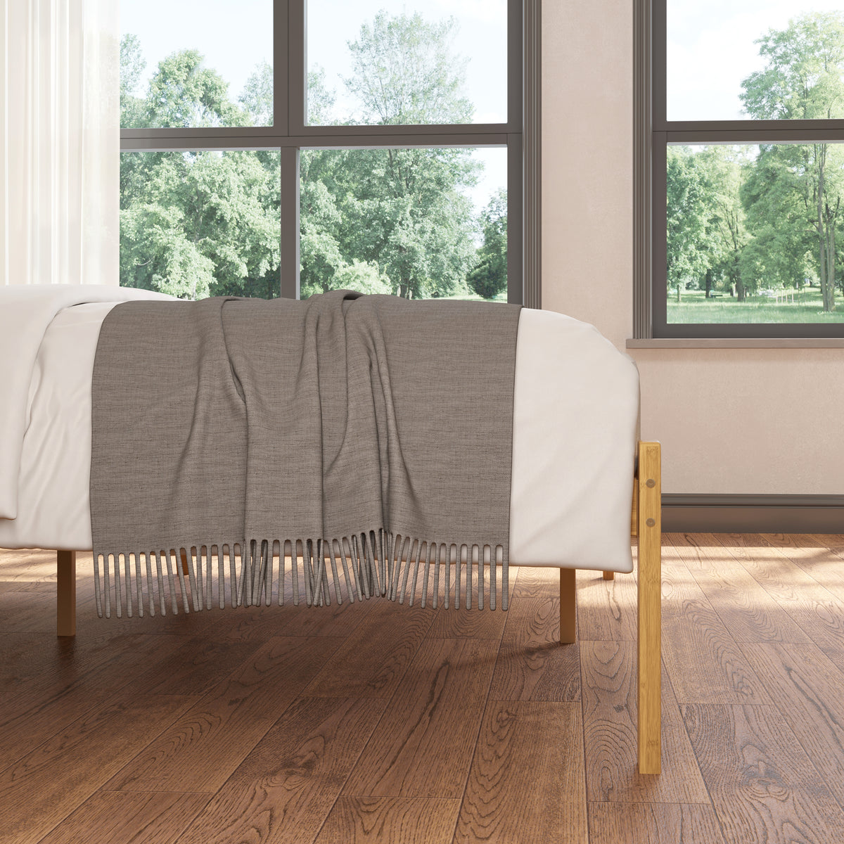 Close-up of natural bamboo spindle headboard on queen platform bed frame
