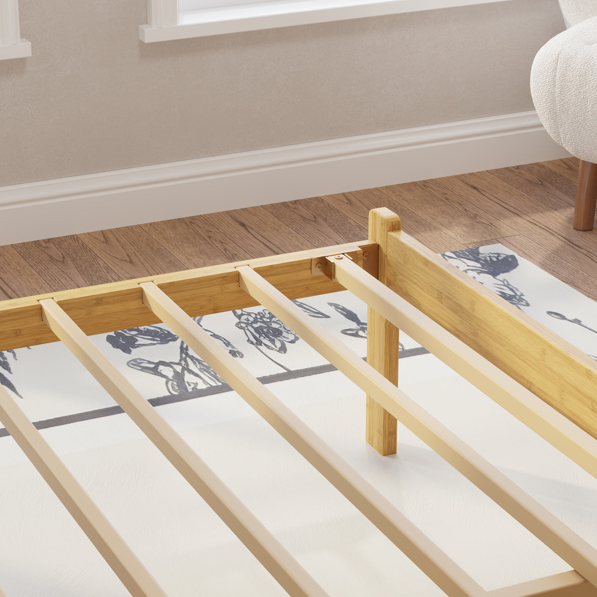 Underbed storage clearance space below queen natural bamboo platform bed frame