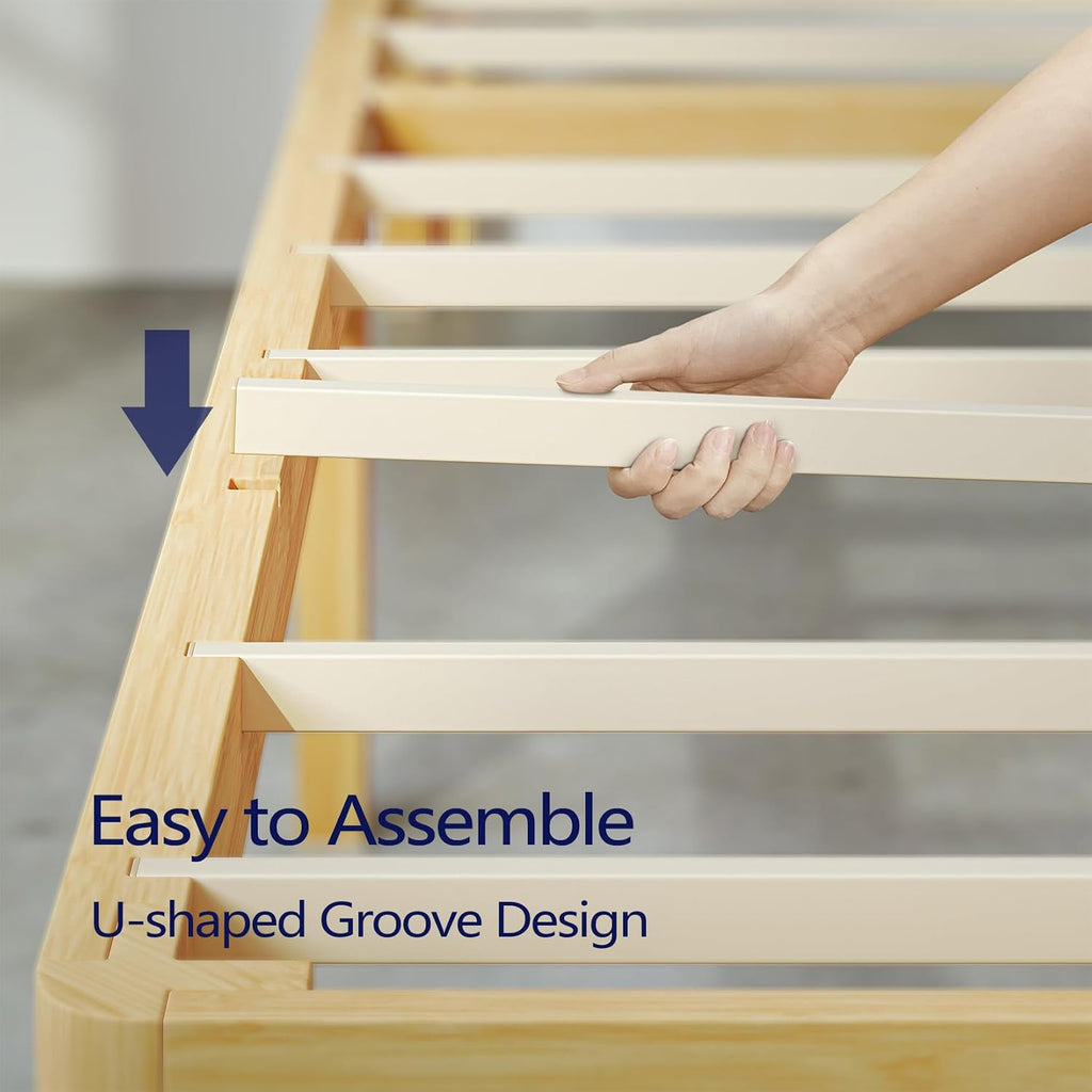 Low profile wood bed frame leg detail and smooth corner finish