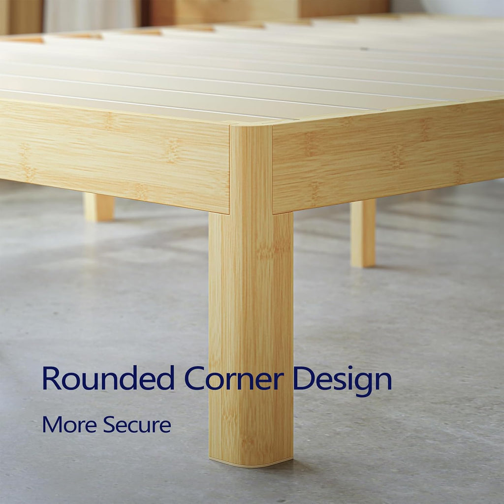 Full size wood platform bed frame showing sturdy metal corner joints