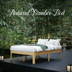 Queen size natural bamboo bed frame styled with oak nightstands