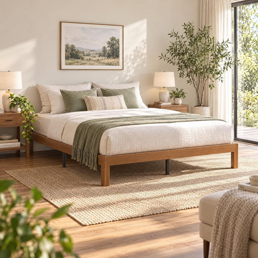 Heavy Duty Wooden Slats Support System on Headboardless Full and Queen Platform Bed No Box Spring