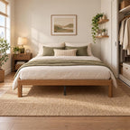 California King No Headboard Wooden Platform Bed Base with Low Profile Clearance in Bright Room