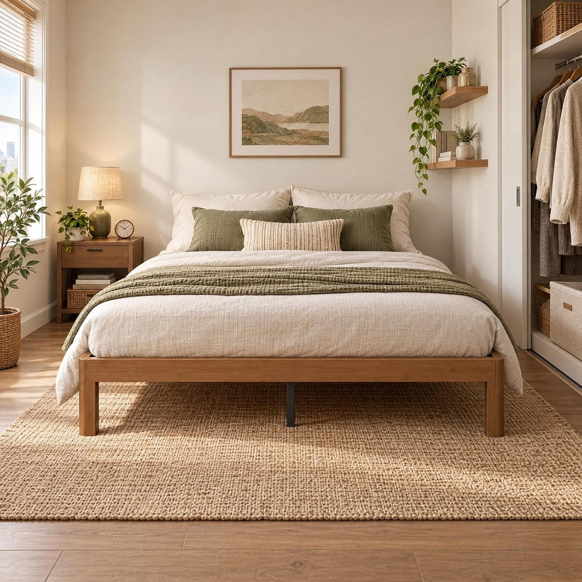 California King No Headboard Wooden Platform Bed Base with Low Profile Clearance in Bright Room