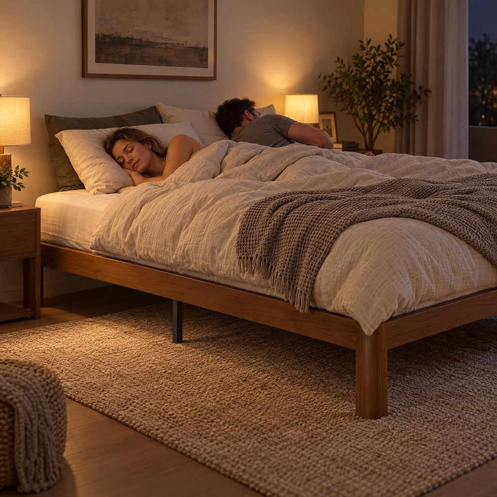 Close-up of Solid Walnut Finish Leg Corner Detail on Noise Free Platform Bed Base