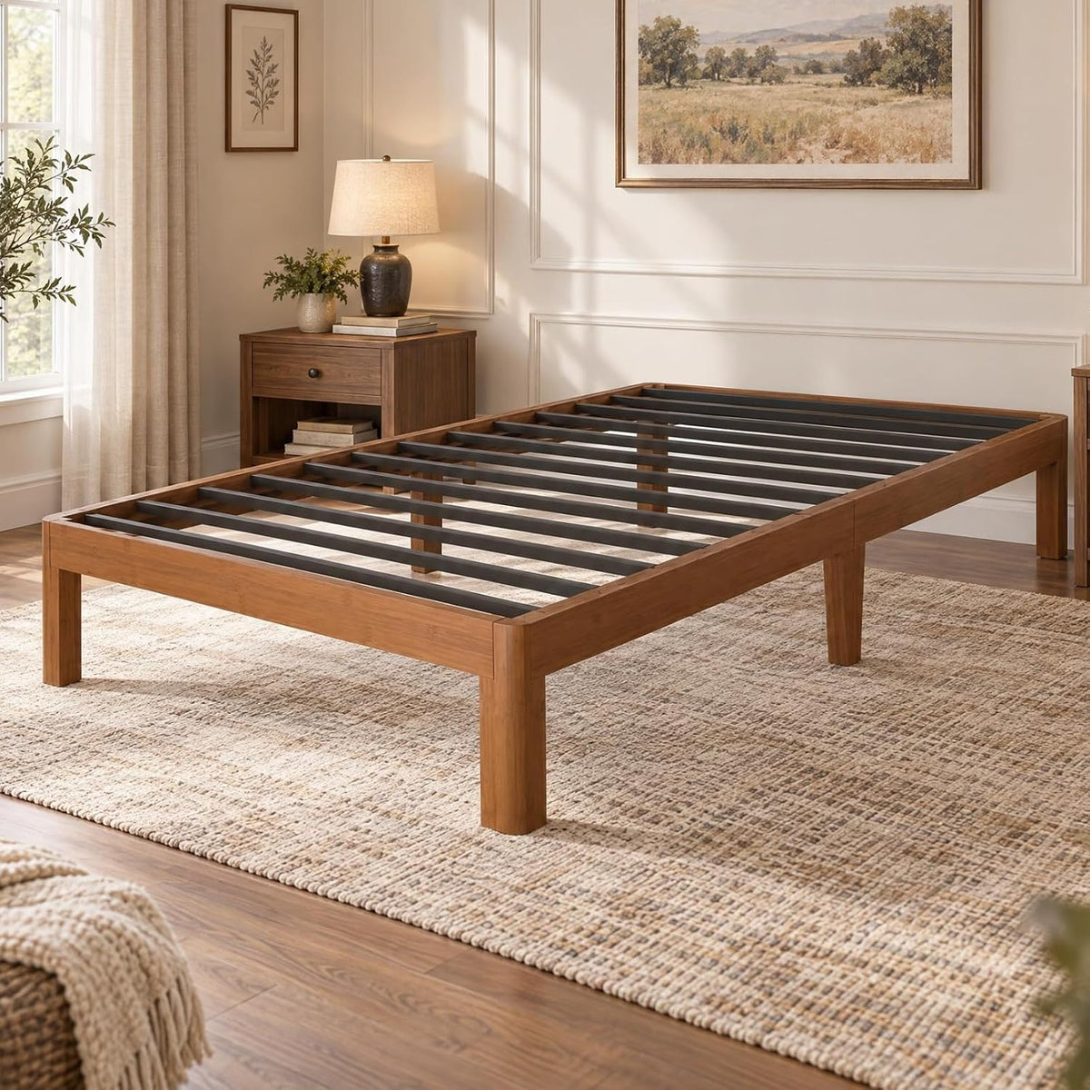 Simple Flat Platform Bed Base without Headboard in Natural Walnut Tone Twin to King
