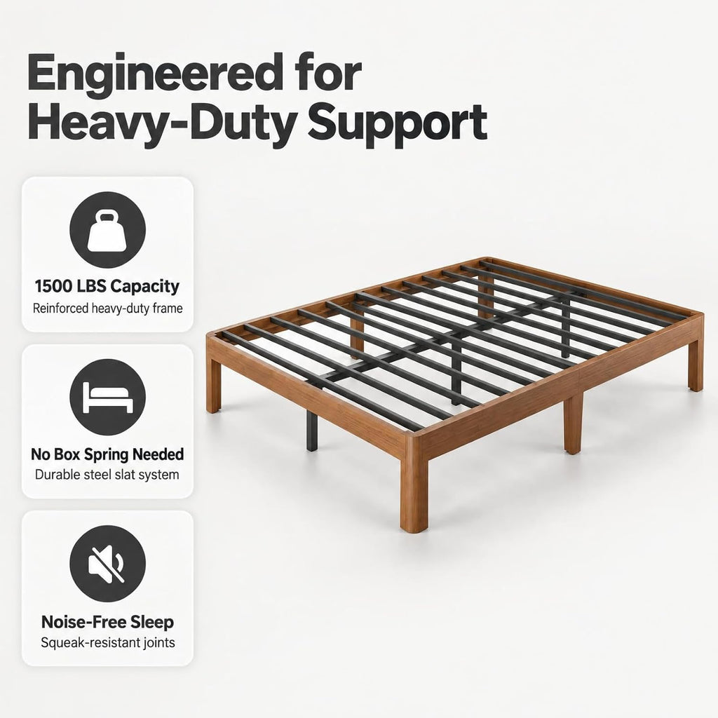 Space Saving Low Profile Walnut Bed Frame from Twin to Cal King with Sturdy Support