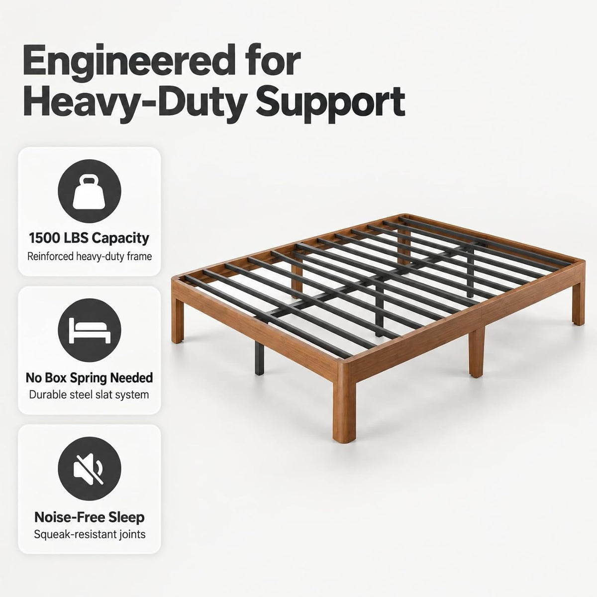 Space Saving Low Profile Walnut Bed Frame from Twin to Cal King with Sturdy Support