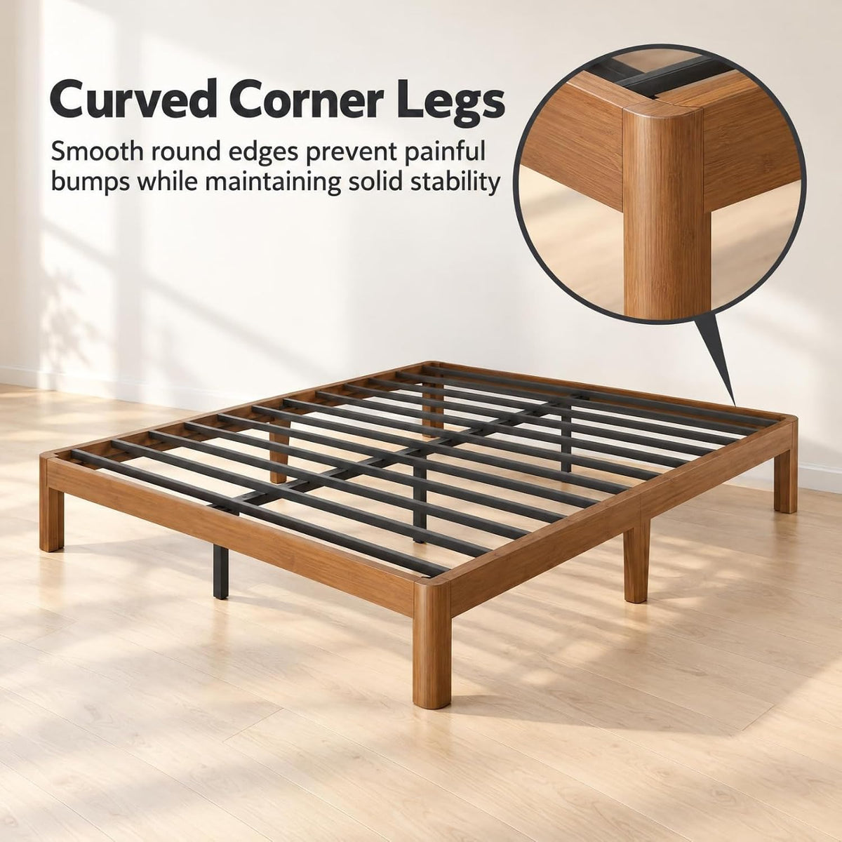 Modern Warm Minimalist Bedroom Setup featuring Walnut Headboardless Bed Frame in Twin XL