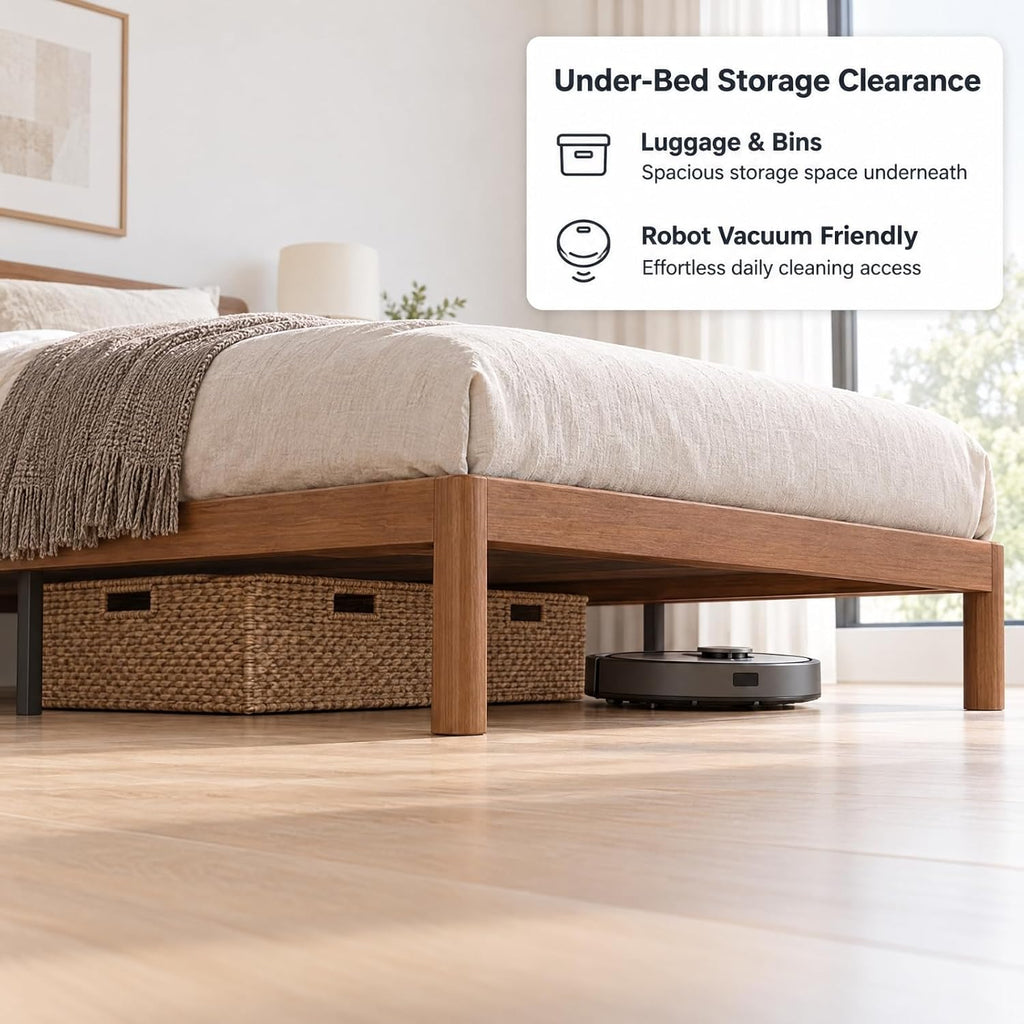 Rustic Modern Walnut Wood Bed Frame Queen and Cal King Size with Heavy Duty Wooden Slats