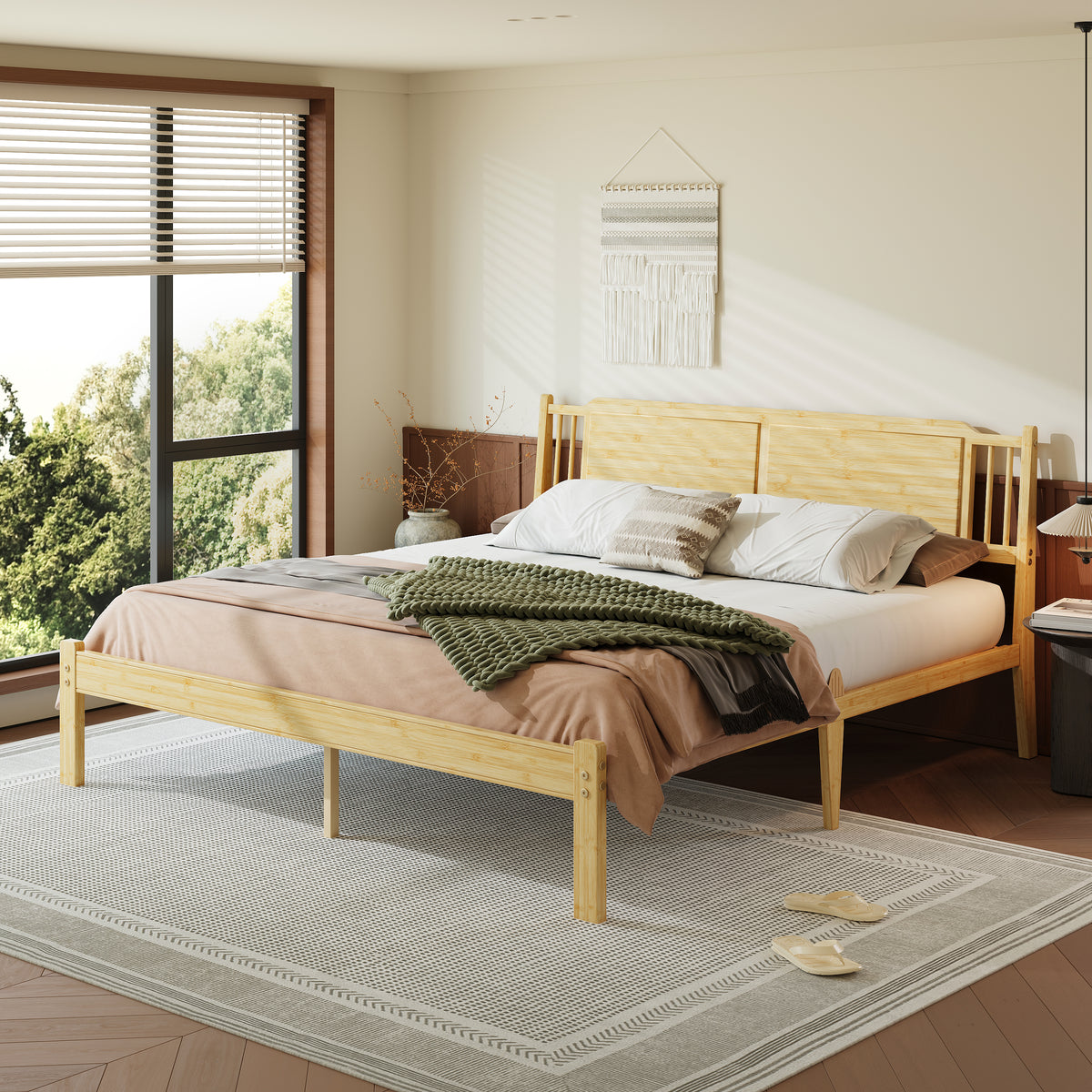Natural bamboo solid wood panel headboard detail on ZIYOO king bed