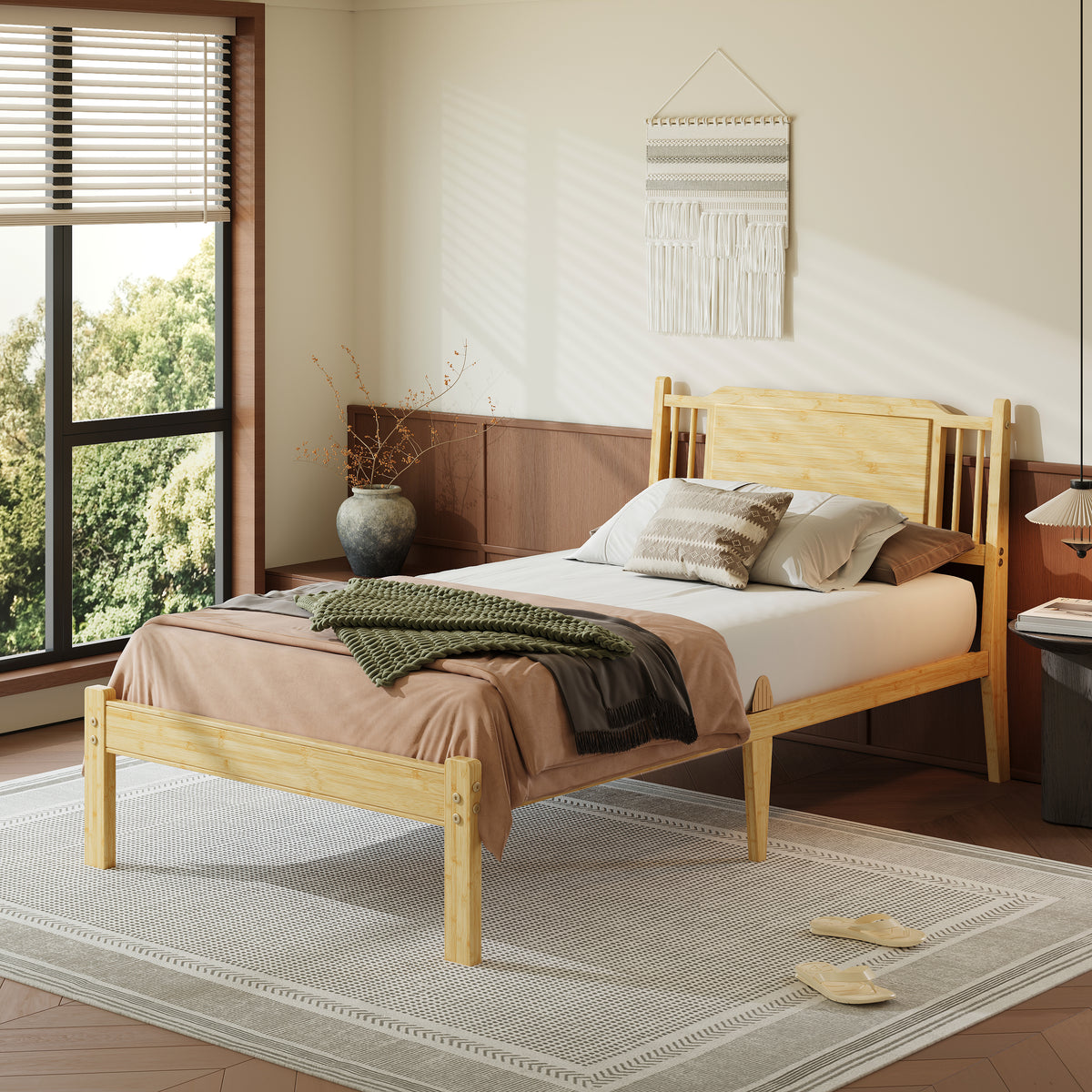 Full size bamboo platform bed frame with underbed clearance space