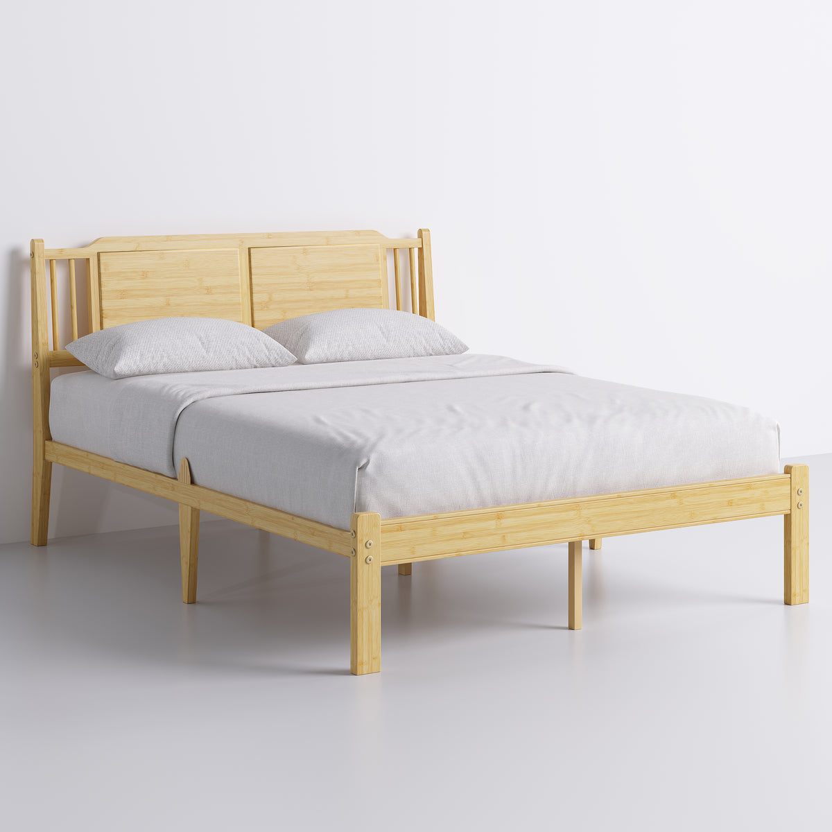 Queen size bamboo platform bed frame arranged in a quiet zen bedroom