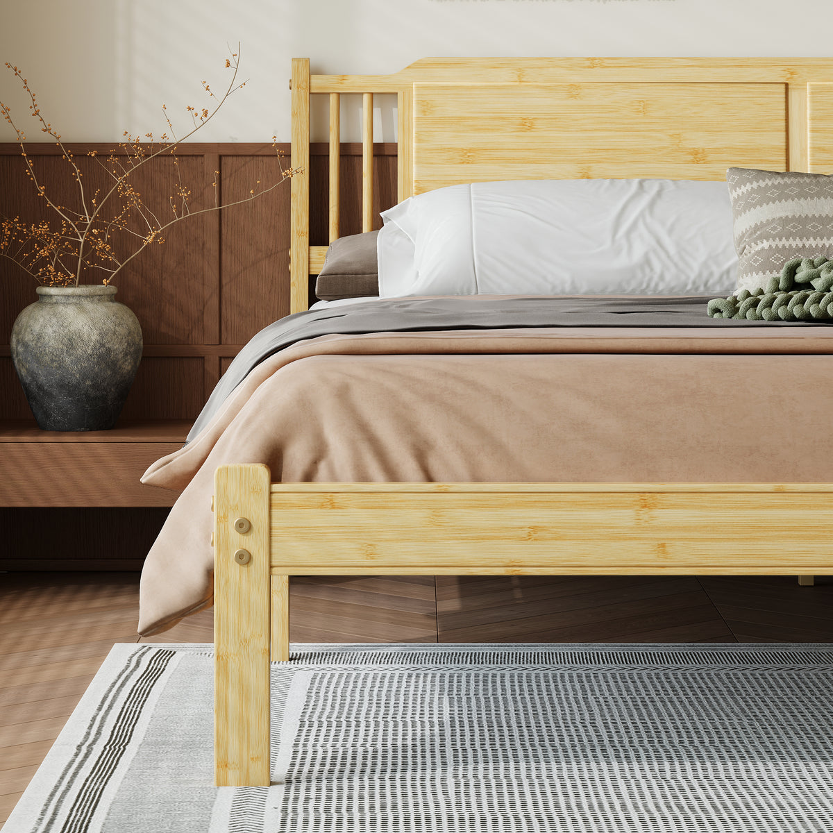 Japanese minimalist bedroom setup with queen size bamboo bed frame