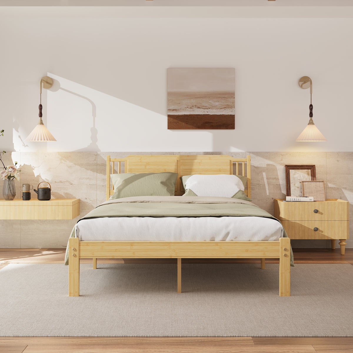 Queen bamboo platform bed with heavy duty silent center legs