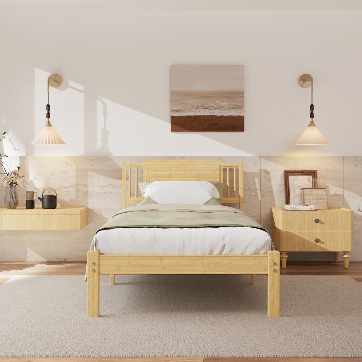 Low profile bamboo bed frame styled with minimalist neutral wall artwork
