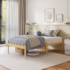 Robotic vacuum underbed clearance below beige scalloped bamboo platform bed