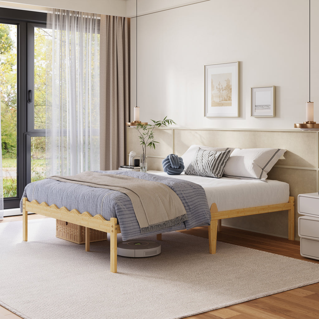ZIYOO Wave queen beige bamboo platform bed frame with scalloped edges