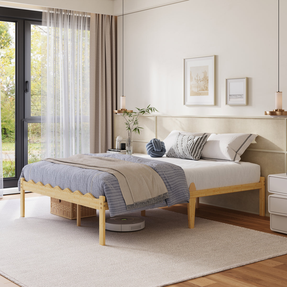 ZIYOO Wave queen beige bamboo platform bed frame with scalloped edges