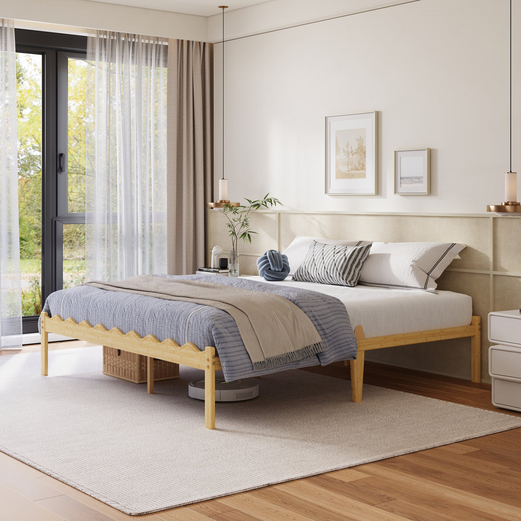 Boho bedroom with a queen beige bamboo platform bed frame and wave edges