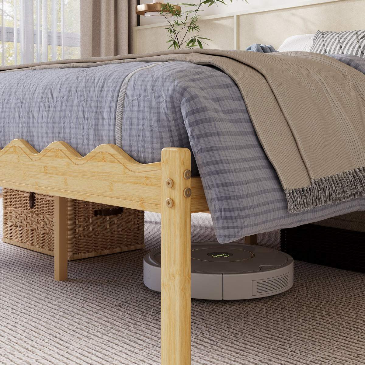 Close-up of unique wave carved frame on headboardless beige bamboo bed