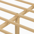 Small bedroom interior featuring a queen beige bamboo bed frame with no headboard