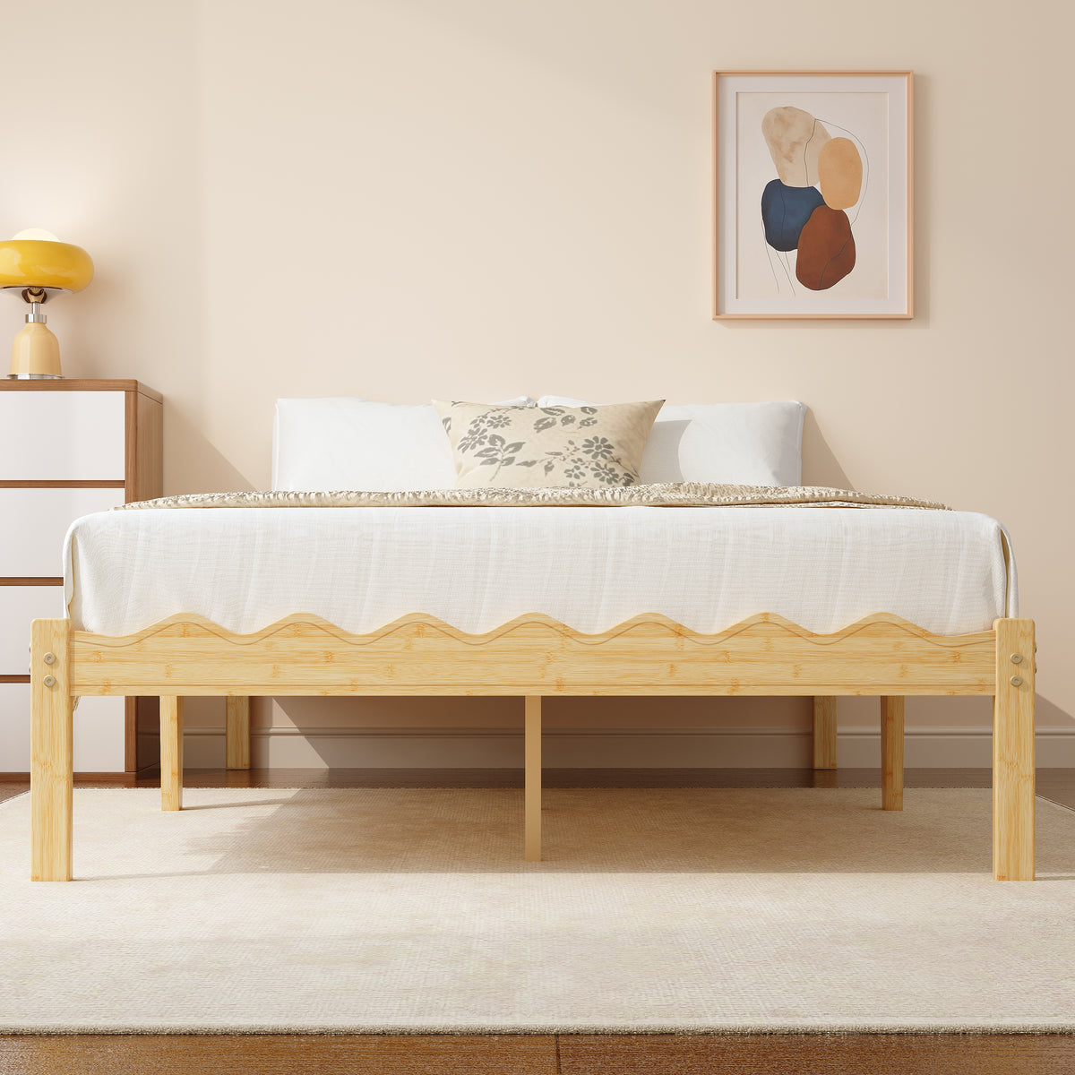 Sunlit minimalist bedroom setup featuring beige bamboo bed frame with wavy detail