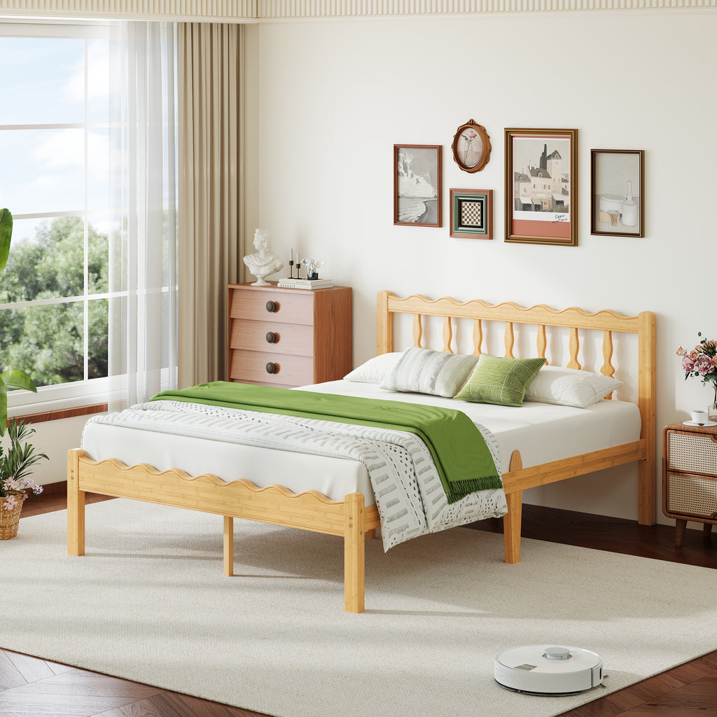 ZIYOO queen natural bamboo platform bed frame with scalloped wavy edges