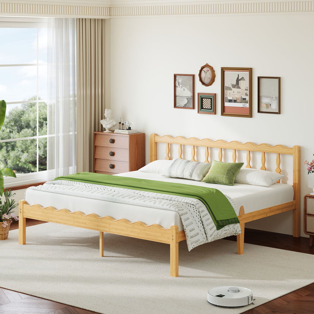 Close-up view of the unique carved wave pattern on natural wood bed frame