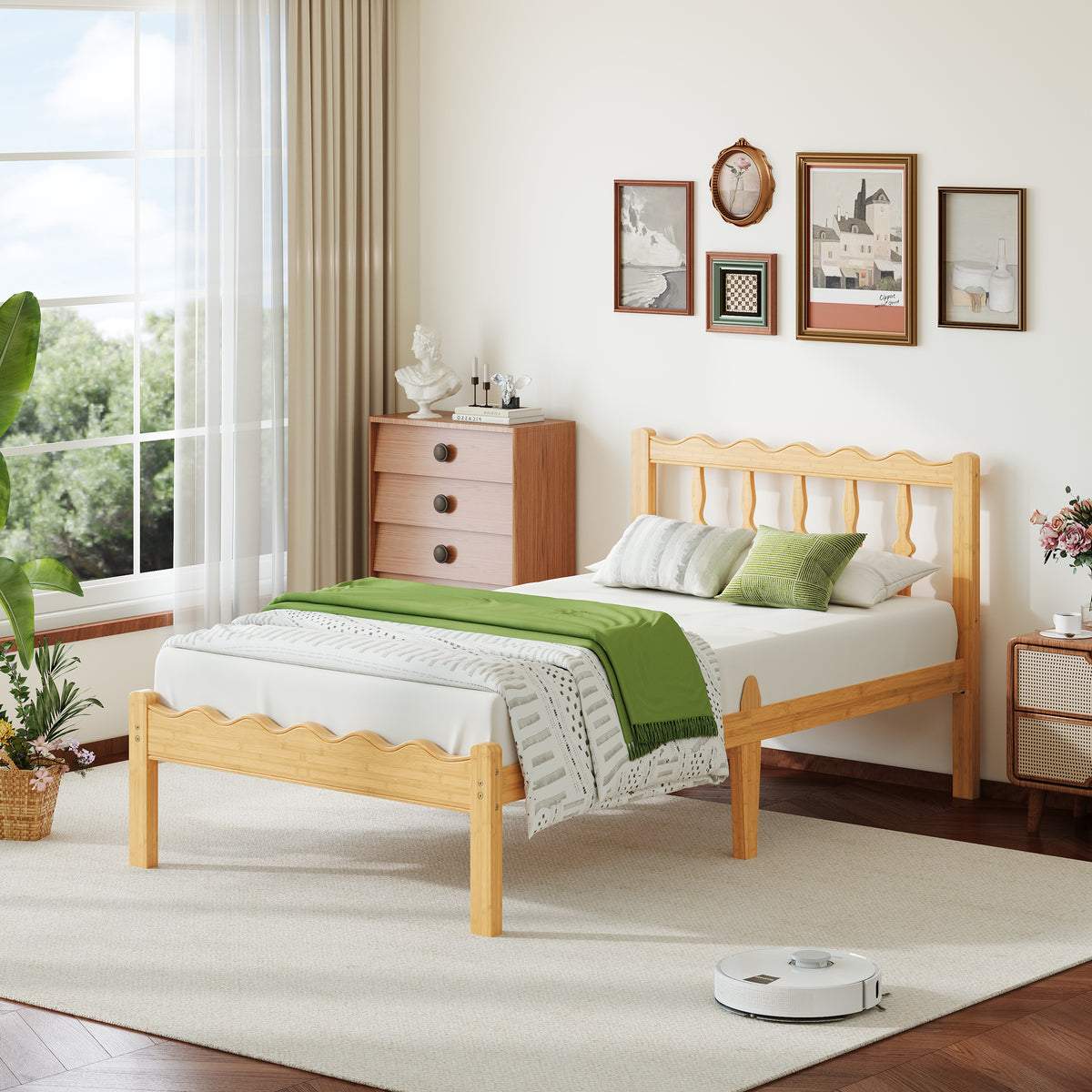 Vertical spindle headboard detail on a lightweight bamboo full support bed