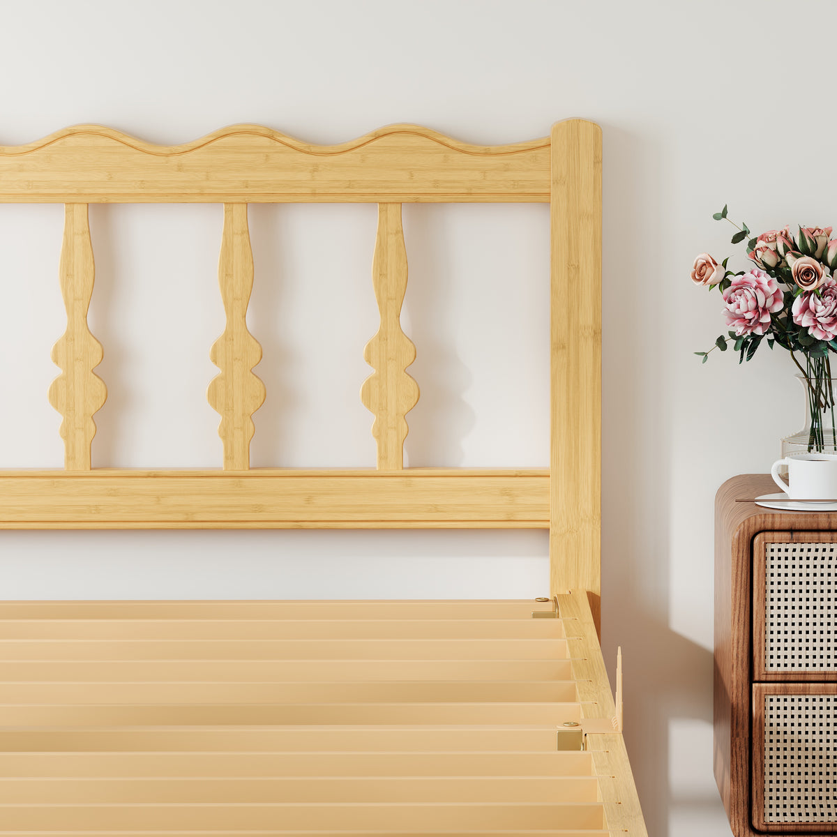 Compact guest room interior with a low clearance natural finish bed frame