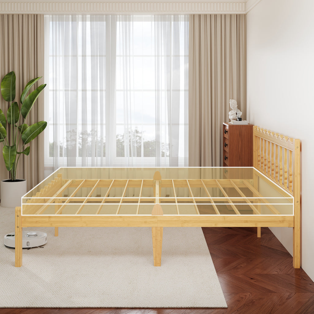 Cozy evening bedroom lighting setup with a wave design wood bed