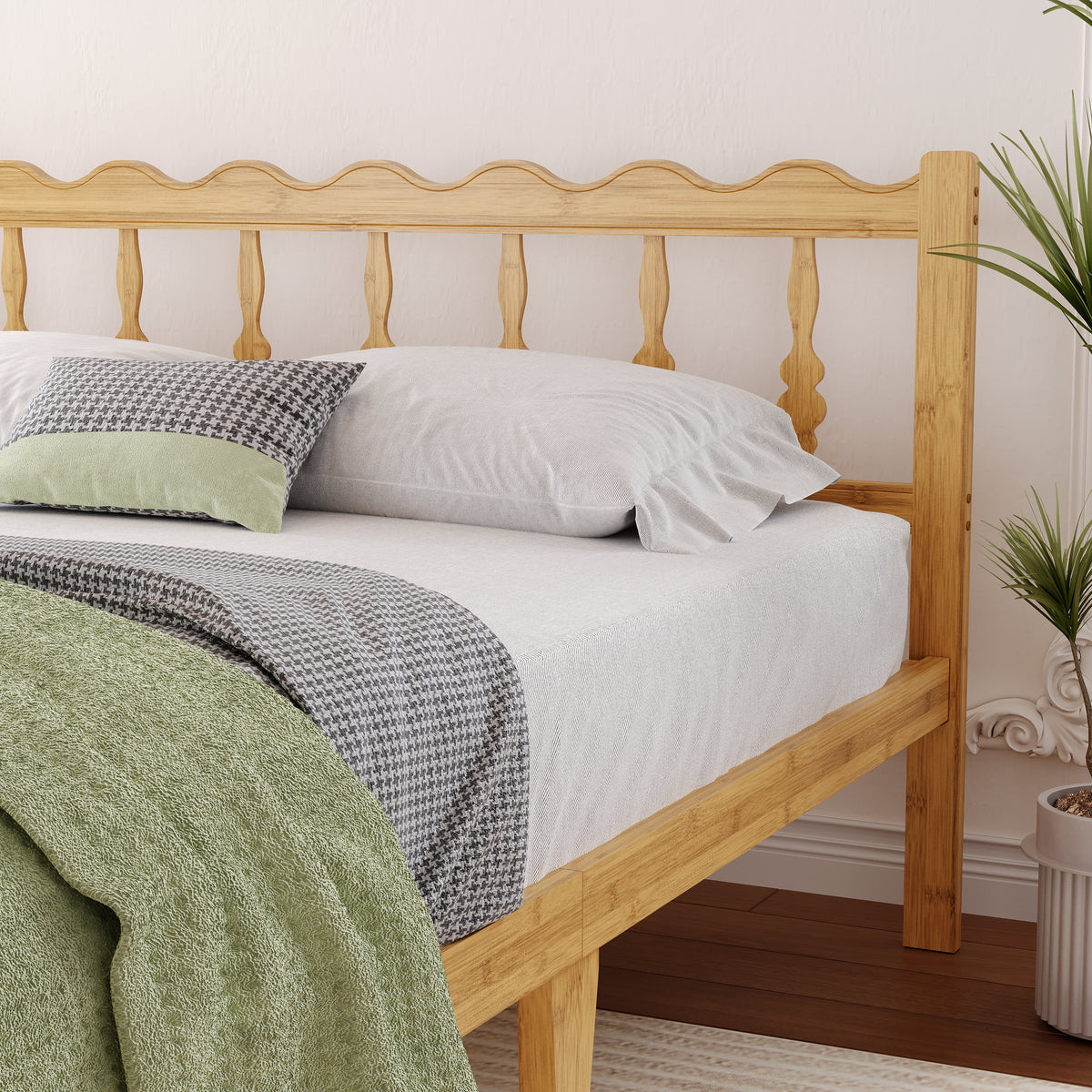 Eco-friendly natural bamboo grain texture on a sturdy slatted bed base