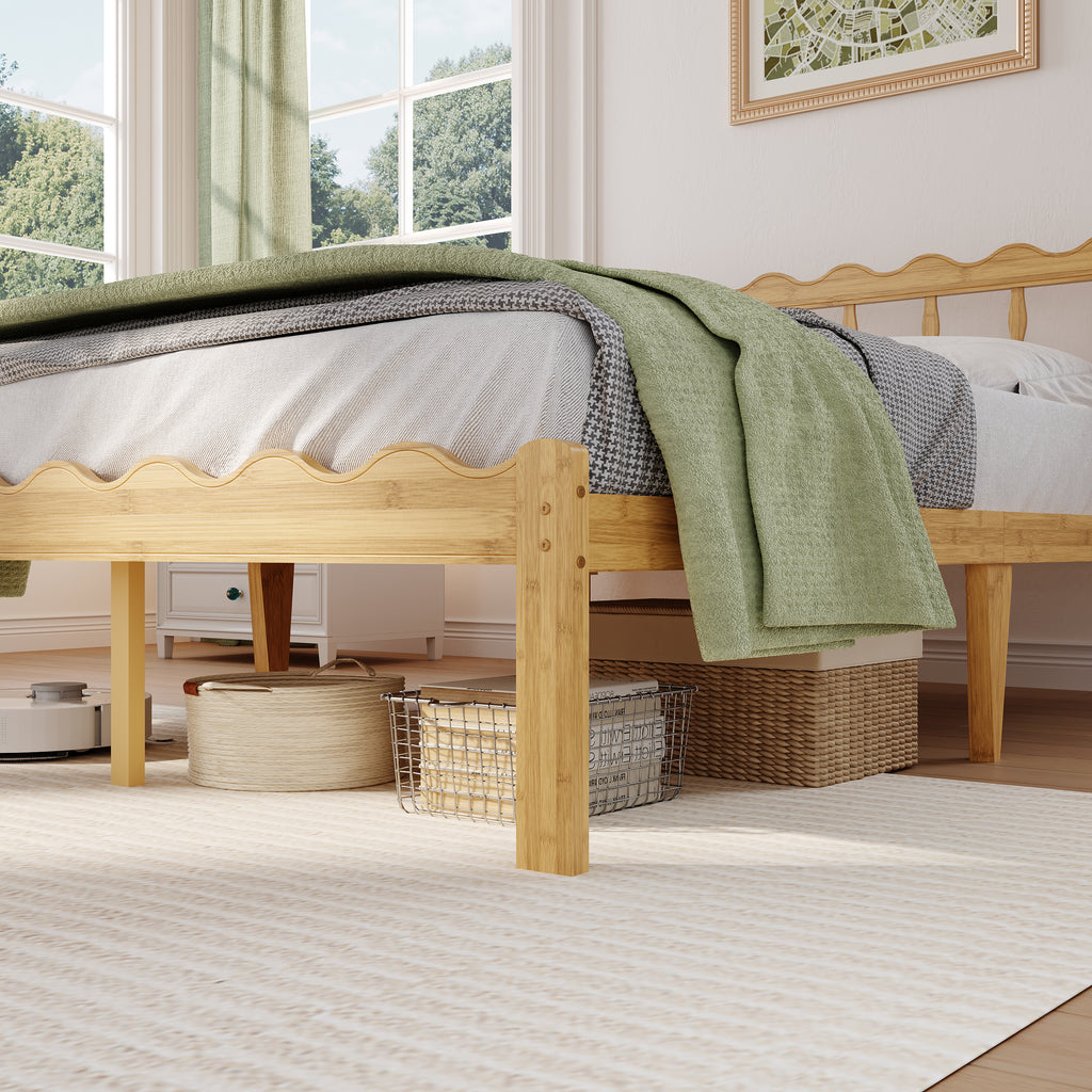 Modern aesthetic bedroom layout styled with a scalloped edge platform bed