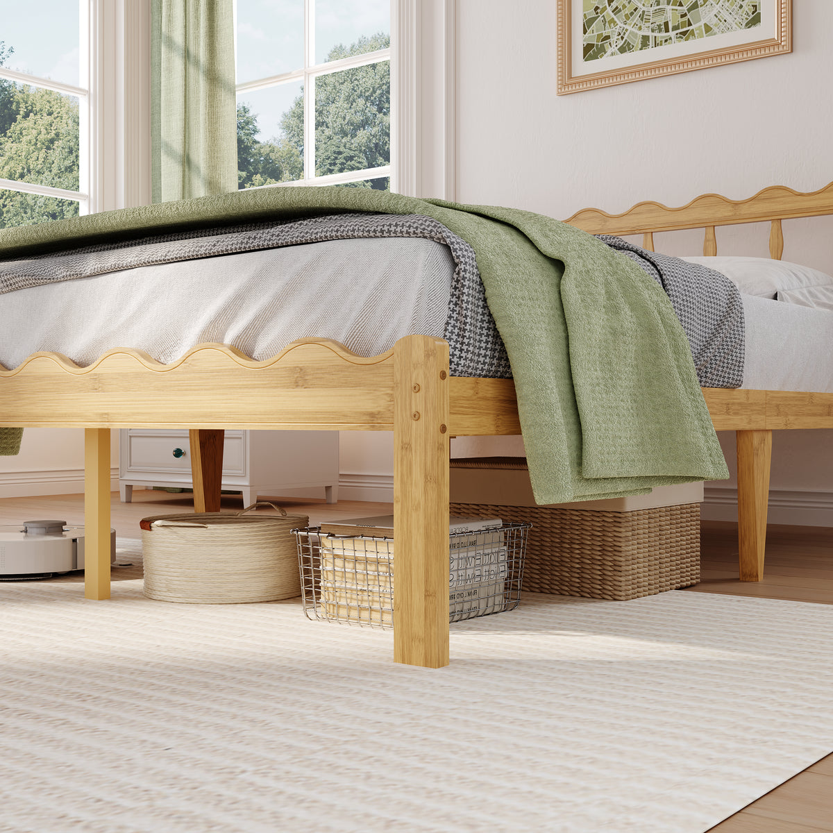 Modern aesthetic bedroom layout styled with a scalloped edge platform bed