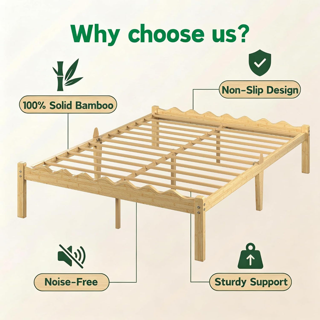 Cozy bedroom decor with a light beige bamboo platform bed and bedside table