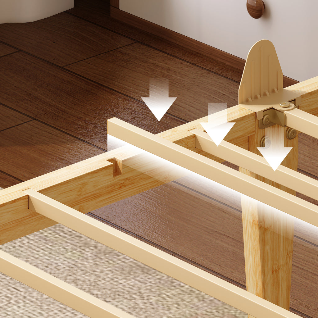 Guest room setup with a low profile headboardless bamboo platform bed frame