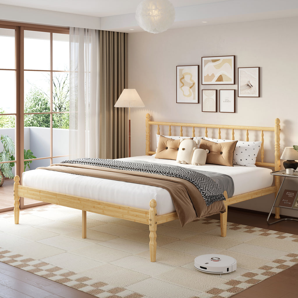 Full Size Spindle Wooden Bed Frame with Carved Bobbin Legs in Sunlit Master Bedroom