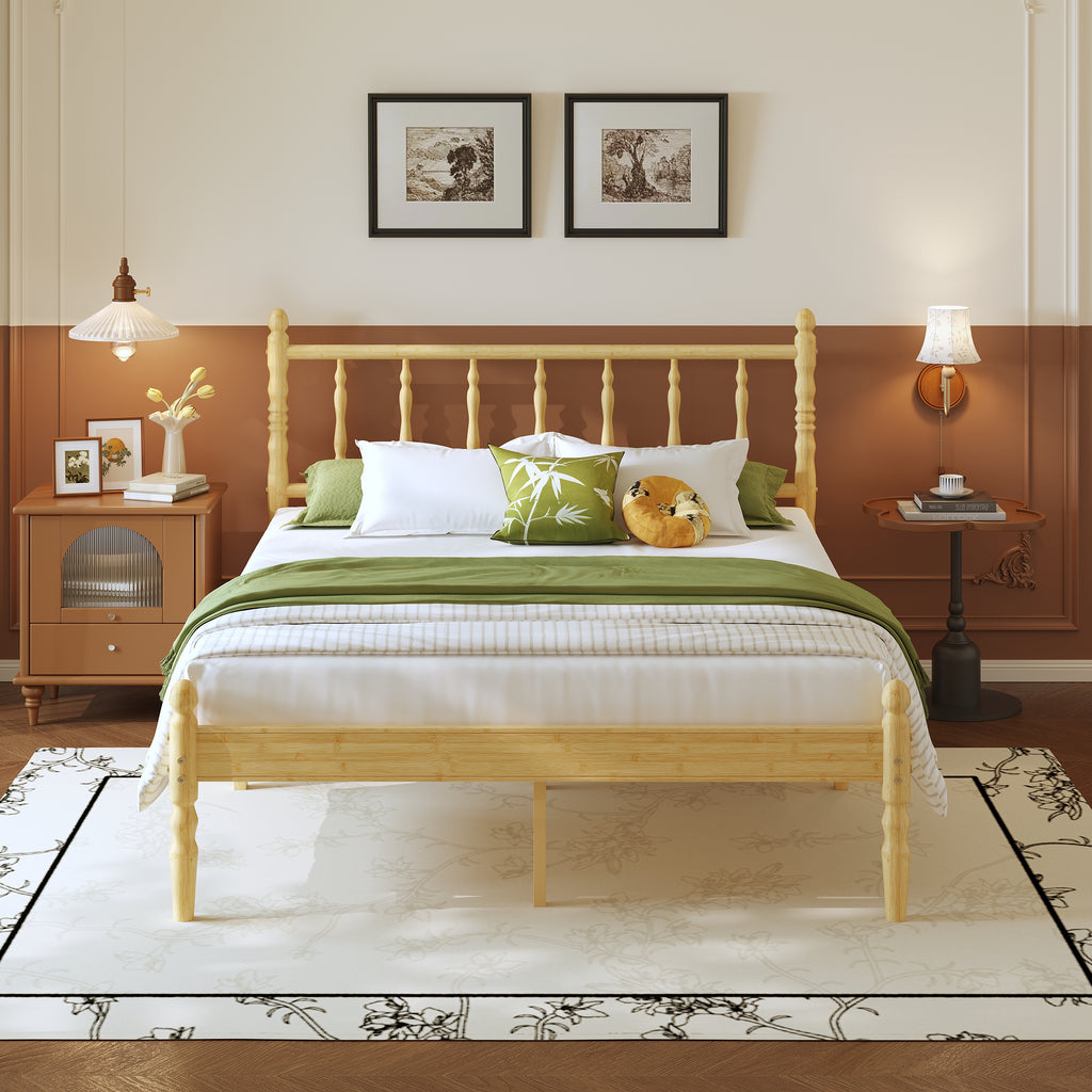 Minimalist Natural Wood Platform Bed Frame Queen Size with Turned Spindle Headboard