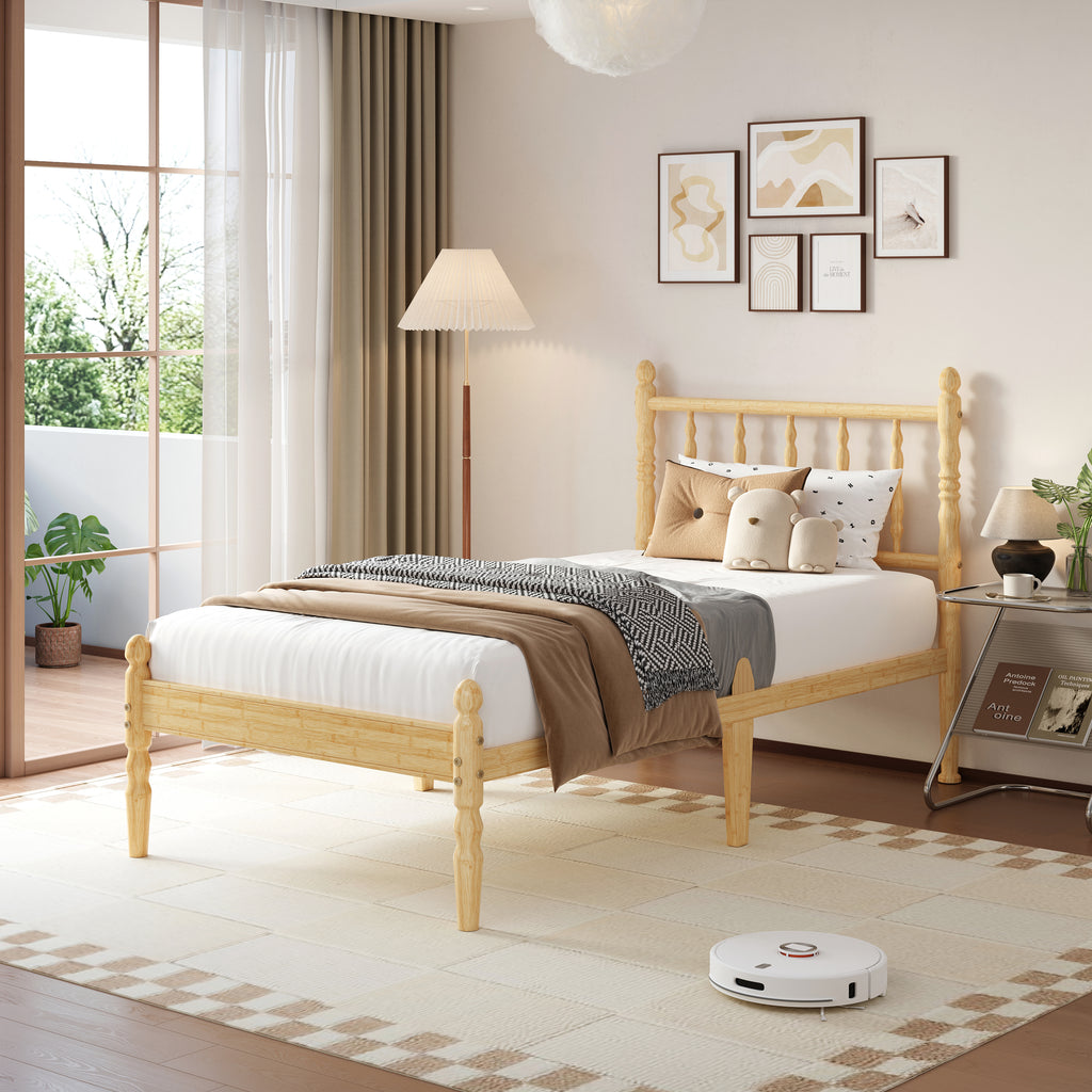 Solid Bamboo Spindle Bed Frame King Size featuring No-Noise Slat Support System