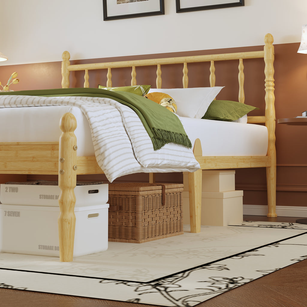 Boho Modern Bamboo Platform Bed Frame with Windsor Spindled Bedboard and Corner Posts