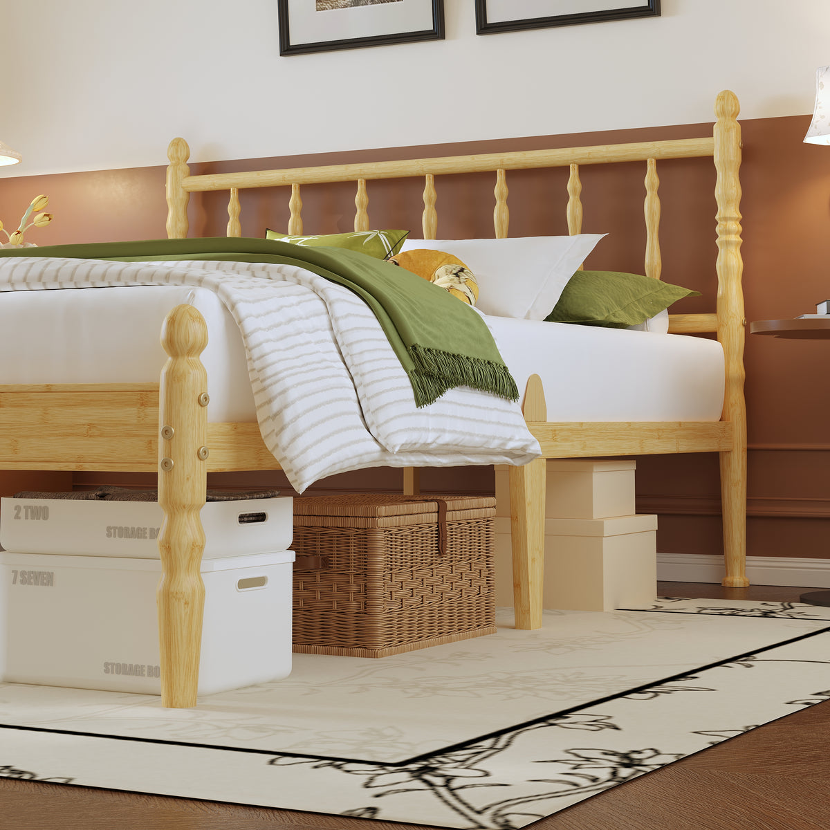 Boho Modern Bamboo Platform Bed Frame with Windsor Spindled Bedboard and Corner Posts