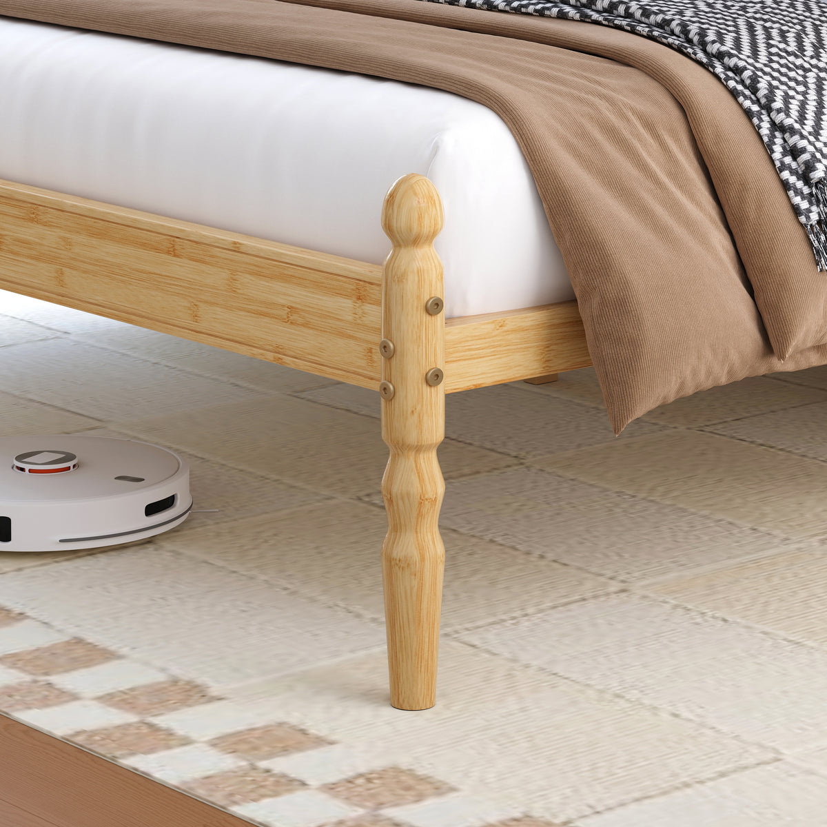 Natural Wooden Platform Bed Frame King Size Style with Spindled Headboard and Under-Bed Clearance