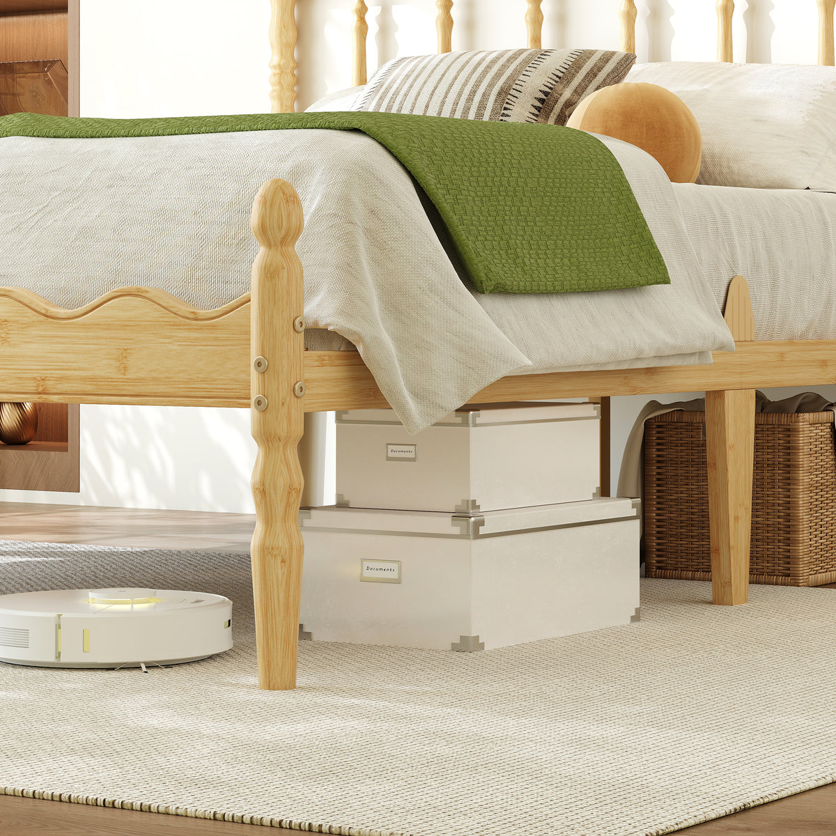 Minimalist Solid Bamboo Platform Bed Queen Size featuring Wavy Edge Spindle Backrest