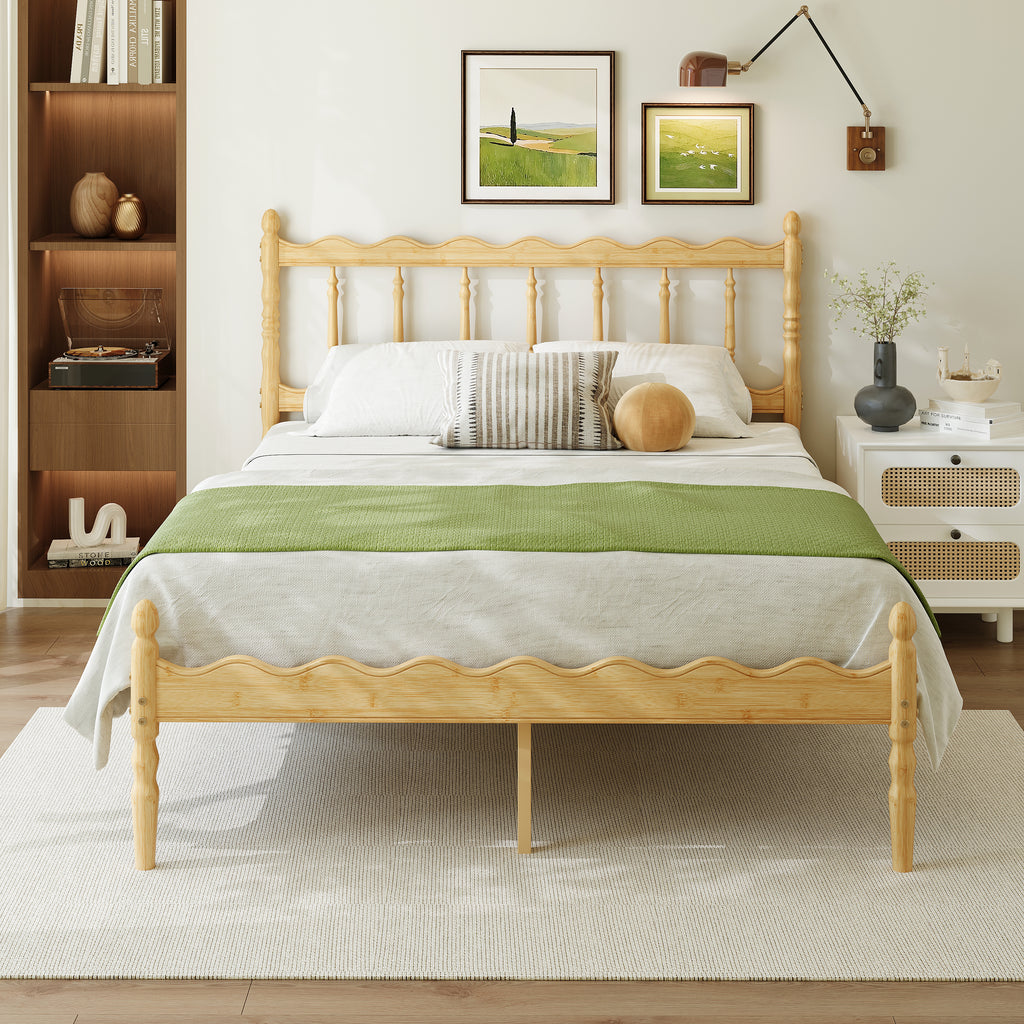 Detailed View of Scalloped Wave Bedboard and Carved Corner Posts on Bamboo Bed
