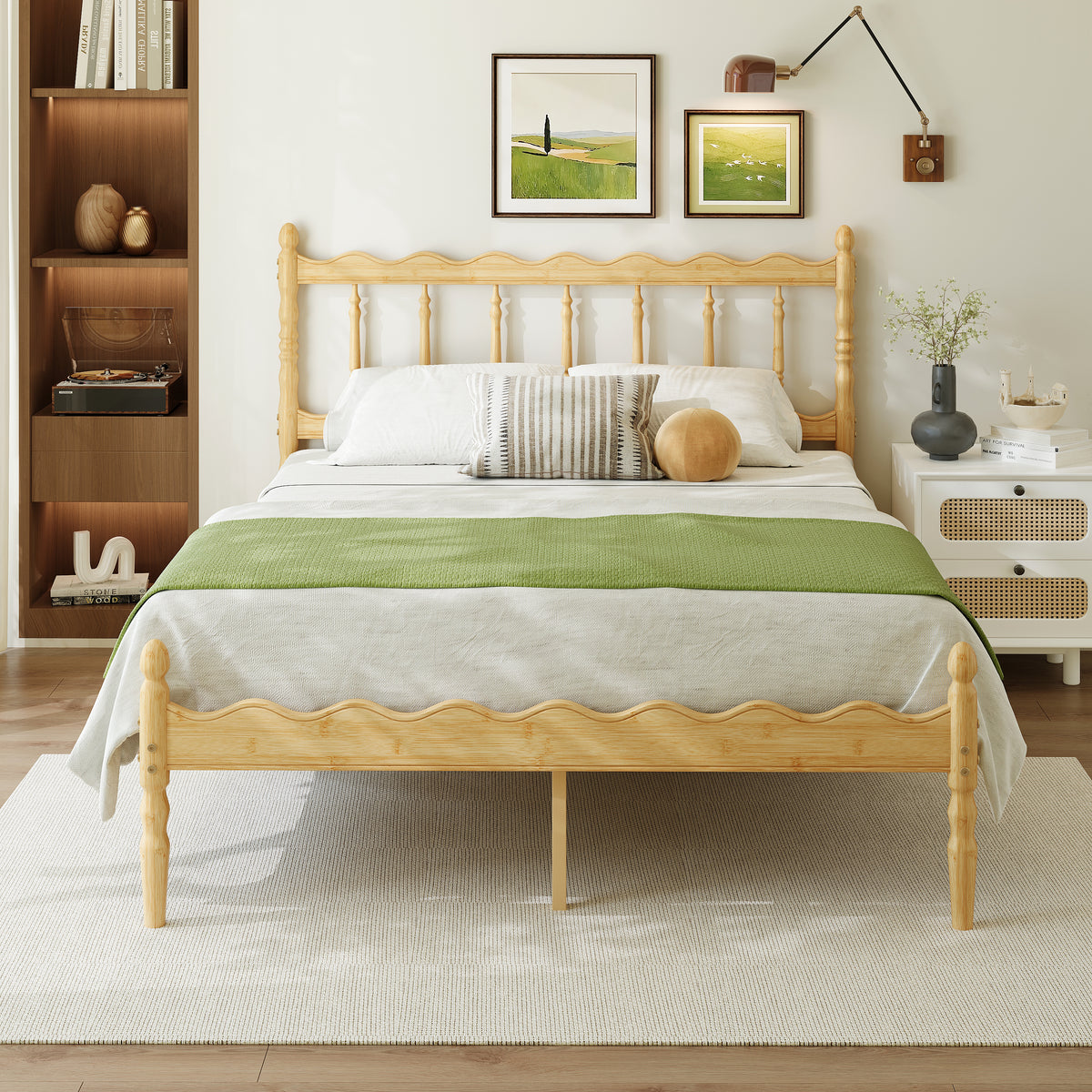 Detailed View of Scalloped Wave Bedboard and Carved Corner Posts on Bamboo Bed
