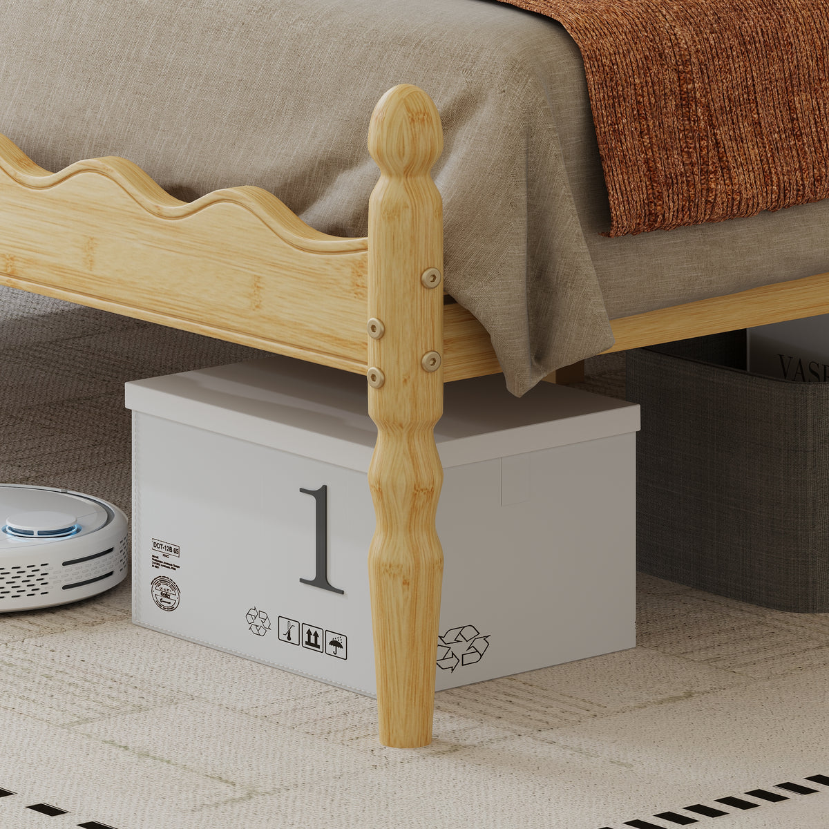 Cozy Warm Wooden Bedroom Setup with Scalloped Wave Edge Spindle Bed Frame