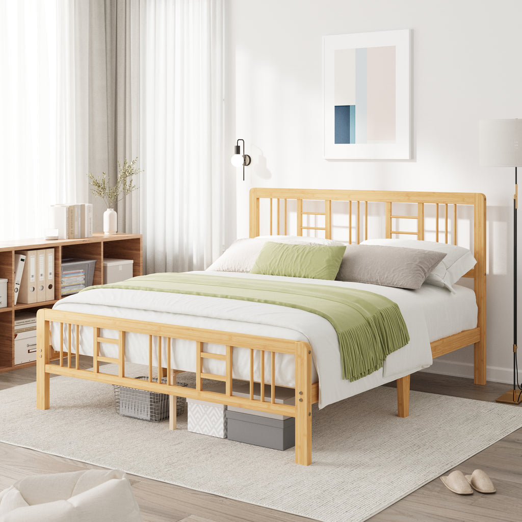 ZIYOO Lattice queen bamboo bed frame with headboard and footboard in natural finish