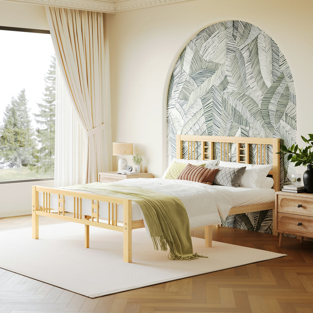 Modern bedroom setup with ZIYOO queen size bamboo platform bed frame and green bedding