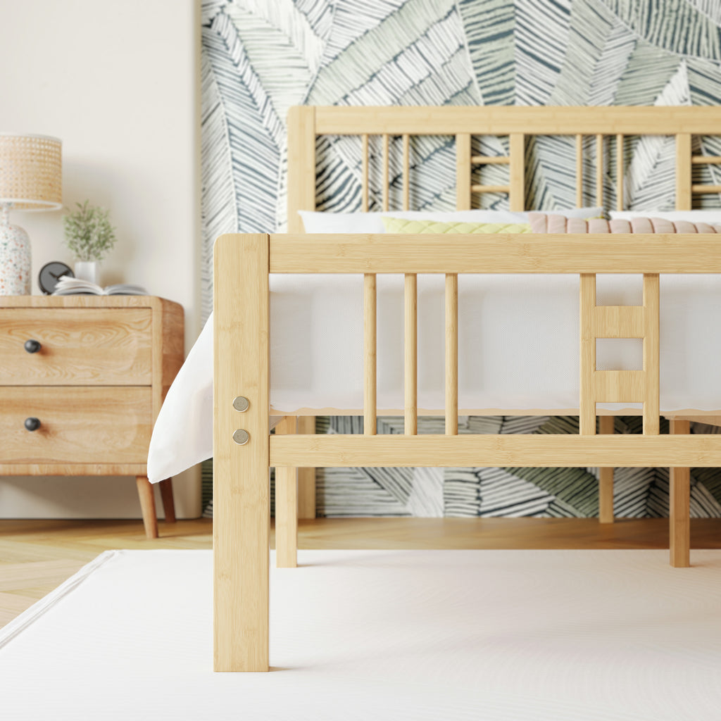 Close-up of natural bamboo lattice headboard on ZIYOO king wooden bed frame